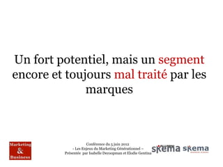Un fort potentiel, mais un segment
encore et toujours mal traité par les
              marques



                      Conférence du 5 juin 2012
              - Les Enjeux du Marketing Générationnel –
          Présentée par Isabelle Decoopman et Elodie Gentina
 