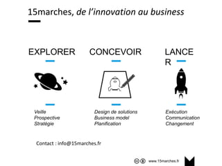 www.15marches.fr
EXPLORER CONCEVOIR LANCE
R
Veille
Prospective
Stratégie
Design de solutions
Business model
Planification
Exécution
Communication
Changement
15marches, de l’innovation au business
Contact : info@15marches.fr
 
