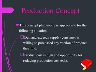 Production Concept
This concept philosophy is appropriate for the
following situation.
Demand exceeds supply- consumer is
willing to purchased any version of product
they find.
Product cost is high and opportunity for
reducing production cost exist.
 