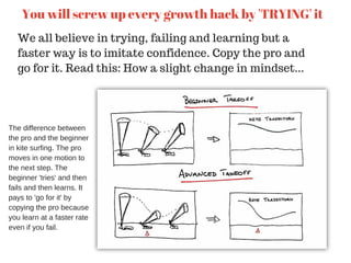 You will screw up every growth hack by 'TRYING' it
We all believe in trying, failing and learning but a
faster way is to imitate confidence. Copy the pro and
go for it. Read this: How a slight change in mindset...
The difference between
the pro and the beginner
in kite surfing. The pro
moves in one motion to
the next step. The
beginner 'tries' and then
fails and then learns. It
pays to 'go for it' by
copying the pro because
you learn at a faster rate
even if you fail.
 