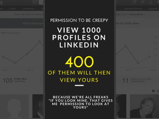 400
VIEW 1000
PROFILES ON
LINKEDIN
OF THEM WILL THEN
VIEW YOURS
PERMISSION TO BE CREEPY
BECAUSE WE'RE ALL FREAKS
"IF YOU L...