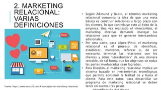 2. MARKETING
RELACIONAL:
VARIAS
DEFINICIONES
Fuente: https://www.merca20.com/4-conceptos-de-marketing-relacional/
• Según Zikmund y Babin, el término marketing
relacional comunica la idea de que una meta
básica es construir relaciones a largo plazo con
los clientes, lo que contribuye esto al éxito de la
empresa. Una vez realizado el intercambio, el
marketing efectivo demanda manejar las
relaciones para que se generen intercambios
adicionales.
• Por otra parte, para López-Pinto, el marketing
relacional es el proceso de identificar,
establecer, mantener, reforzar y, de ser
necesario, terminar las relaciones con los
clientes y otros “stakeholders” de una manera
rentable, de tal forma que los objetivos de todas
las partes involucradas sean logrados.
• Para Dvoskin, el marketing relacional implica un
sistema basado en herramientas tecnológicas
que permite construir la lealtad de y hacia el
cliente. Para este autor, para desarrollar un
programa de marketing relacional se deben
tener en cuenta tres pasos:
 