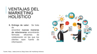 8. Entrega de valor: Se trata
de
encontrar nuevas maneras
de relacionarse encontrando
fórmulas eficientes de
colaboración en las que los
clientes sean fuente de
información.
VENTAJAS DEL
MARKETING
HOLÍSTICO
Fuente: https://www.cerem.es/blog/claves-del-marketing-holistico
 