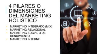 4 PILARES O
DIMENSIONES
DEL MARKETING
HOLÍSTICO
• MARKETING INTEGRADO (MIX)
• MARKETING RELACIONAL
• MARKETING SOCIAL O DE
RENDIMIENTO
• MARKETING INTERNO
 
