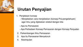 Urutan Penyajian
1. Penjelasan konsep
- Menjelaskan cara menjelaskan (konsep Pra-pengetahuan)
2. Perkembangan Ilmu Pemasaran
agar ilmu yang dijelaskan related dengan kita
- Apa itu Pemasaran
- Apa Perbedaan Konsep Pemasaran dengan Konsep Penjualan
3. Apa Itu Pemasaran Menyeluruh
4. Kesimpulan
 