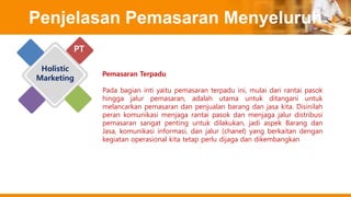 Penjelasan Pemasaran Menyeluruh
Holistic
Marketing
Pada bagian inti yaitu pemasaran terpadu ini, mulai dari rantai pasok
hingga jalur pemasaran, adalah utama untuk ditangani untuk
melancarkan pemasaran dan penjualan barang dan jasa kita. Disinilah
peran komunikasi menjaga rantai pasok dan menjaga jalur distribusi
pemasaran sangat penting untuk dilakukan, jadi aspek Barang dan
Jasa, komunikasi informasi, dan jalur (chanel) yang berkaitan dengan
kegiatan operasional kita tetap perlu dijaga dan dikembangkan
Pemasaran Terpadu
PT
 