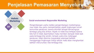 Penjelasan Pemasaran Menyeluruh
Holistic
Marketing
Pengembangan usaha melalui pengembangan marketingnya
mau tidak mau perlu memperhatikan aspek lingkungan-social-
komunitas-peraturan, karena disinilah tempat bernaungnya
lembaga yang kita dirikan. Aspek ini tidak bisa terlepas karena
bila hal ini tidak diperhatikan maka memberi dampak tidak baik
pada lembaga kita sendiri, tempat usaha kita melanggar
peraturan, tidak diterima masyarakat setempat bahkan
mengganggu lingkungan hidup sekitar maka akan menghambat
bahkan menurunkan nilai lembaga kita.
Sosial-environment Responsible Marketing
SR
 