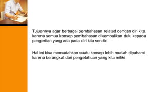 Tujuannya agar berbagai pembahasan related dengan diri kita,
karena semua konsep pembahasan dikembalikan dulu kepada
pengertian yang ada pada diri kita sendiri
Hal ini bisa memudahkan suatu konsep lebih mudah dipahami ,
karena berangkat dari pengetahuan yang kita miliki
 
