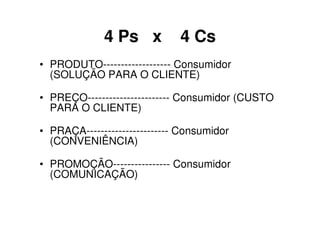 4 Ps x           4 Cs
• PRODUTO------------------- Consumidor
  (SOLUÇÃO PARA O CLIENTE)

• PREÇO----------------------- Consumidor (CUSTO
  PARA O CLIENTE)

• PRAÇA----------------------- Consumidor
  (CONVENIÊNCIA)

• PROMOÇÃO---------------- Consumidor
  (COMUNICAÇÃO)
 