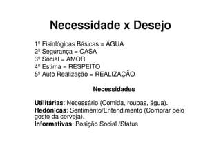 Necessidade x Desejo
1º Fisiológicas Básicas = ÁGUA
2º Segurança = CASA
3º Social = AMOR
4º Estima = RESPEITO
5º Auto Realização = REALIZAÇÃO

                  Necessidades

Utilitárias: Necessário (Comida, roupas, água).
Hedônicas: Sentimento/Entendimento (Comprar pelo
gosto da cerveja).
Informativas: Posição Social /Status
 