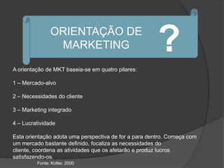 ORIENTAÇÃO DE
                MARKETING                              ?
A orientação de MKT baseia-se em quatro pilares:

1 – Mercado-alvo

2 – Necessidades do cliente

3 – Marketing integrado

4 – Lucratividade

Esta orientação adota uma perspectiva de for a para dentro. Começa com
um mercado bastante definido, focaliza as necessidades do
cliente, coordena as atividades que os afetarão e produz lucros
satisfazendo-os.
         Fonte: Kotler, 2000
 