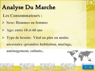 Analyse Du Marche
Les Consommateurs :
 Sexe: Hommes ou femmes

 Age: entre 18 et 60 ans

 Type de besoin: Vital ou plus ou moins
  nécessaire :première habitation, mariage,
  aménagement, enfants..



                                              12 / 40
 