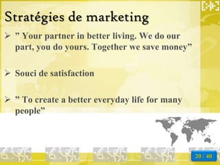 Stratégies de marketing
 ” Your partner in better living. We do our
  part, you do yours. Together we save money”

 Souci de satisfaction

 ” To create a better everyday life for many
  people”



                                                20 / 40
 
