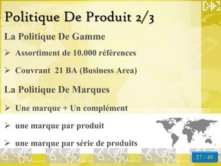 Politique De Produit 2/3
La Politique De Gamme
 Assortiment de 10.000 références

 Couvrant 21 BA (Business Area)

La Politique De Marques
 Une marque + Un complément

 une marque par produit

 une marque par série de produits
                                     27 / 40
 