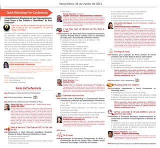 Terça-Feira, 25 de Junho de 2013
Quick Workshop Pré-Conferência
Início da Conferência
10h00
10h30
10h40
11h40
13h00
14h30
15h20
16h00
16h30
17h30
18h30
10h05
Em meados de 2007,as imobiliárias em todo país tiveram um crescimento considerável
para acompanhar o “boom” imobiliário do momento. Hoje, as incorporadoras e
construtoras, além do seu próprio time de vendas, possuem um exército de pessoas
dentro das imobiliárias trabalhando os seus diversos empreendimentos. No cenário
atual, um corretor tem em média de 15 a 20 lançamentos por mês. São muitos
lançamentos e é natural que o vendedor concentre-se em três ou quatro produtos nos
quais ele tenha obtido mais empatia. Este workshop apresentará técnicas de como
vender seu produto aos corretores com dicas e instruções da própria imobiliária,
conceituadas construtoras e de especialista do mercado imobiliário.
• Relacionamento e Inﬂuência entre incorporadora, construtora e imobiliária
• As necessidades das imobiliárias no cenário atual: é possível vender sem elas?
• Percepção e força de vendas
• A comunicação efeito cascata: construtora / incorporadora - imobiliária – agência
Fabiana Almeida Waiteman, Gerente Comercial
Kallas Incorporação e Construção
Gerente Comercial,graduada em administração de empresas pela Uninove SP,formada
em técnicas avançadas de vendas para o mercado imobiliário, urbanismo sustentável,
ﬁnanciamentos para o mercado imobiliário e gestão de pessoas e comportamento pela
Universidade Secovi. - Gerente Comercial da kallas Incorporações e Construções há 3
anos.Atua no mercado imobiliária há mais de 10 anos.
Recepção e Credenciamento dos Participantes
Café de Boas Vindas e Networking
Abertura da Conferência pelo Presidente de Mesa
Romeu Chap Chap,Coordenador do NAT – Núcleo deAutosTemas
SECOVI SÃO PAULO
Após seis gestões à frente do Secovi-SP, sindicato que, desde 1946, representa
a indústria imobiliária e os condomínios no Estado de São Paulo, Romeu Chap
Chap é hoje presidente coordenador do NAT – Núcleo de Altos Temas da
entidade, que reúne lideranças de diversos setores econômicos, culturais e
sociais. Engenheiro civil e titular de construtora e consultoria imobiliária que
levam seu nome, detém 53 anos de atividades ininterruptas no mercado
imobiliário, traduzidas em quase uma centena de edifícios residenciais e
comerciais, shopping centers e empreendimentos turísticos. Sucessivamente
indicado como líder setorial, participa de diversas entidades nacionais e
internacionais, bem como de conselhos e comissões nas esferas federal,
estadual e municipal.
Conhecendo o Atual Mercado Imobiliário Brasileiro
Através de Dados, Números, Estatísticas e Cases
• O mercado imobiliário estagnou?
• Os produtos em ascensão
• Comportamento do mercado imobiliário nas principais cidades do Brasil
• Tendências e novidades do setor
A Importância da Divulgação do Seu Empreendimento:
Como Tornar o Seu Produto o “Queridinho” da Área
Comercial?
Como Fazer Com Que o Vendedor Enxergue Seus Produtos
Como “A Bola da Vez” no Lançamento e “A Carta na
Manga” no Estoque?
Painel de Abertura: O Que Mudou em 2013 e o Que Vem
Por Aí?
Agenda:
08h00 Recepção dos Participantes do Workshop
08h10 Início do Workshop
09h40 Encerramento do Workshop
O Que Posso Fazer de Diferente em Meu Stand de
Vendas?
Mix de Canais
Estratégia de Vendas
Marketing Direto Virou “Padaria”?
Conheça o consumidor do mercado imobiliário e como isso
impacta em suas vendas
Explorando novos territórios
• Onde investir?
Ricardo Rosa Reis, Presidente
Engeﬂex Construção e Empreendimentos Imobiliários
Engenheiro Civil, Advogado e Cientista da Computação, pós-graduado em Engenharia
de produção, MBA em Finanças e Direito pelo Ibmec; Idealizador e desenvolvedor do
MBA em Real Estate/Estação Business School. Tem experiências em incorporações na
Camargo Corrêa e na Rossi Residencial e em incorporações internacionais em Miami e
NY. Conselheiro e palestrante de negócios, mercado imobiliário e Fundos Imobiliários;
Broker imobiliário em NY, Flórida e Brasil.
Perspectiva 3D, Mesa Multi Touch, Realidade Aumentada,
Imersão, Maquete Virtual: Conheça Todas as Tecnologias
de Ponta para o Seu Decorado e Encante o Público
• Tecnologias de Ponta para Pontos de Venda Imobiliários - PDVI:
• Sistema de Imersão para Apto Virtual
• Sistemas Multitoque
• Maquete Virtual com interação por gestos
• Mesa Interativa de Atendimento – MIA
• Folhetão digital com bolotário interativo e maquete virtual
• Marketing para o mercado imobiliário: proporcione uma experiência
completa e não segmentada aos visitantes
• Como apresentar um imóvel em diferentes lugares?
• Como apresentar diferentes imóveis (lançamentos e estoque) em um
único local?
• Como explorar melhor o Estande de vendas?
• Atendimento: melhores maneiras de abordar o cliente
• Ferramentas para o Consultor de vendas
• Soluções de Imersão e de Interação: as tecnologias que você vê no
Youtube à sua disposição
• Porque tecnologia é a resposta para o mercado em transformação
• O que pode ser feito agora?
André Bergholz, Diretor
Adventure Tech
Arquiteto e Mestre em Planejamento Urbano pela UnB, cursou Doutorado em
Sociologia (área de concentração: Ciência Tecnologia e Sociedade). Foi
Pesquisador do CNPq, Professor da UnB e tem vinte anos de experiência no
Mercado Imobiliário nacional atendendo os maiores players nacionais. Sócio da
Adventure Tech, empresa focada em experiências sensoriais para Pontos de
Venda - PDV´s, incluindo Sistemas de Imersão e de Interação.
Entenda como o Marketing e a Comunicação Podem
Transformar Limitações em Oportunidades Promissoras
• Case: BCP - Movimento rumo a uma nova centralidade urbana no
Distrito Federal
• Comunicação integrada impactando o seu público-alvo e gerando
demanda para novas regiões
• Comunicação de resultado: como uma boa ideia na cabeça pode ajudar
a alavancar as vendas (Mídia, Relações Públicas e novos meios)
Sâmia Zorkot, Coordenadora de Marketing / DF e MS
Brookﬁeld Incorporações S.A.
Especialista em marketing pelo IBMEC (2011), graduada em Relações Públicas
pela Universidade Federal de Goiás (2005), possui experiência nas áreas de
comunicação, inteligência de mercado e marketing. Atualmente é coordenadora
de Marketing do DF e MS na Brookﬁeld Incorporações.
Almoço
Apresentação de Inovadores Planejamentos de Mídia e
Combinações de Mix de Canais: Veja a Melhor Opção
Dentro do Seu Budget e Perﬁl do seu Produto
• Qual o melhor mix de mídia para o mercado imobiliário?
• Busca de novos canais com pequeno investimento
• Como multiplicar os leads
• Perﬁl de cada canal e em qual momento utilizá-los
• Conheça canais inovadores e diferenciados com um valor acessível
Ana Amélia Feijó Baptista Gerente de Marketing e Inteligência
de Mercado
Odebrecht Realizações Imobiliárias
Gerente de Marketing e Inteligência de Mercado da Odebrecht Realizações
Imobiliárias. Engenheira com pós-graduação em Marketing, acumula mais de 15
anos de experiência no varejo em empresas líderes em seus segmentos.
Buscando um novo desaﬁo, aceitou o convite da Odebrecht para realizar um
trabalho inovador no mercado imobiliário. Em sua atuação, Ana Amélia, focada
nos mercados de São Paulo, Brasília e Minas Gerais, participou de diversos
lançamentos alinhando a cultura empresarial da Odebrecht com o que há de
mais moderno em comunicação e marketing. Recentemente reestruturou a
visão de Inteligência de Mercado da empresa, acrescentando a visão de cliente
e buscando novas ferramentas para gerar diferencial competitivo. Entre os
cases de sucesso estão o Parque da Cidade em SP, Valongo Brasil em Santos e
o Parque Avenida em BH, além de algumas iniciativas para fortalecimento da
marca, movimento pouco praticado pelo mercado.
Técnicas para Captação de Novos Clientes de Forma
Assertiva: One to One, Mídia de Massa, entre Outros?
• Conheça alguns dos “tiros certeiros” do mercado imobiliário
• Formas de captação de novos clientes: one to one, mídia de massa, de
relacionamento etc.
• Índice de conversão de vendas
• Como trabalhar com harmonia entre o departamento de vendas e marketing
Estamos buscando a melhor opção de palestrantes e debatedores
para participar deste painel. Se você e sua empresa possuem
expertise no assunto, entre em contato com Catherine Rocha em
catherine.rocha@ibcbrasil.com.br.
Pausa para o Café e Networking
Estratégias Segmentadas e Novas Ferramentas no
Marketing Direto
• Marketing direito com olhar de massa: do que adianta?
• Estratégias segmentadas: menos disparos e maior qualiﬁcação no mailing
• Atenda em alta escala com customização através de novas ferramentas
• Novas técnicas para disparos de e-mails
Estamos buscando a melhor opção de palestrantes e debatedores
para participar deste painel. Se você e sua empresa possuem
expertise no assunto, entre em contato com Catherine Rocha em
catherine.rocha@ibcbrasil.com.br.
Entenda as Principais Mudanças Comportamentais do
Comprador de Imóveis e suas Exigências na Decisão de
Compra
• A jornada de compra de um imóvel, da internet à assinatura do contrato
• O perﬁl dos visitantes dos estandes de vendas e a intenção de compra
• Como orientar as ações de marketing e vendas para inﬂuenciar a
decisão de compra de um imóvel
Marcelo Magalhães, Sócio Diretor
PREDICT - Shopper Understanding
Mestre em Administração de empresas pela FEA/USP. Pesquisador, especialista
em comportamento do consumidor, autor de mais de 200 estudos na área. Sócio
Diretor da PREDICT - Shopper Understanding.
Término do Primeiro dia da 8ª Conferência Marketing Imobiliário
12h20
 