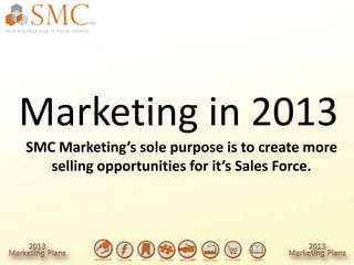 Marketing in 2013
SMC Marketing’s sole purpose is to create more
   selling opportunities for it’s Sales Force.
 
