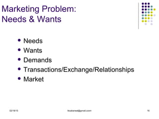02/18/15 tksabarwal@gmail.coom 16
 Needs
 Wants
 Demands
 Transactions/Exchange/Relationships
 Market
Marketing Problem:
Needs & Wants
 