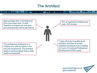 www.cadvantage.co.uk
@CompetitiveA
The Architect
7 years of study to qualify as an
architect, and then to remain
chartered architects must complete
35 hours of Continual Professional
Development (CPD) a year.
75% of registered architects are
male, 25% female.
Approximately 80% of Architectural
firms have fewer than 10 staff.
Therefore architects are time poor
and consequently hard to get hold of.
The architecture profession is a
creative one, with its history in the
arts and renaissance. The architect
seeks to achieve design that is solid,
useful and beautiful.
 