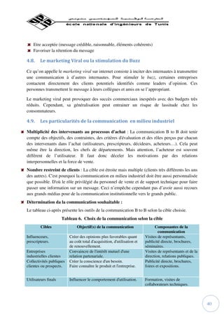 Etre acceptée (message crédible, raisonnable, éléments cohérents)
    Favoriser la rétention du message

4.8.    Le marketing Viral ou la stimulation du Buzz

Ce qu’on appelle le marketing viral sur internet consiste à inciter des internautes à transmettre
une communication à d’autres internautes. Pour stimuler le buzz, certaines entreprises
contactent directement des clients potentiels identifiés comme leaders d’opinion. Ces
personnes transmettent le message à leurs collègues et amis en se l’appropriant.

Le marketing viral peut provoquer des succès commerciaux inespérés avec des budgets très
réduits. Cependant, sa généralisation peut entrainer un risque de lassitude chez les
consommateurs.

4.9.    Les particularités de la communication en milieu industriel

Multiplicité des intervenants au processus d'achat : La communication B to B doit tenir
compte des objectifs, des contraintes, des critères d'évaluation et des rôles perçus par chacun
des intervenants dans l’achat (utilisateurs, prescripteurs, décideurs, acheteurs…). Cela peut
même être la direction, les chefs de départements. Mais attention, l’acheteur est souvent
différent de l’utilisateur. Il faut donc déceler les motivations par des relations
interpersonnelles et la force de vente.
Nombre restreint de clients : La cible est étroite mais multiple (clients très différents les uns
des autres). C'est pourquoi la communication en milieu industriel doit être aussi personnalisée
que possible. D'où le rôle privilégié du personnel de vente et de support technique pour faire
passer une information sur un message. Ceci n’empêche cependant pas d’avoir aussi recours
aux grands médias pour de la communication institutionnelle vers le grands public.
Détermination da la communication souhaitable :
Le tableau ci-après présente les outils de la communication B to B selon la cible choisie.
                      Tableau 6. Choix de la communication selon la cible
        Cibles                Objectif(s) de la communication                   Composantes de la
                                                                                  communication
Influenceurs,             Créer des opinions plus favorables quant        Visites de représentants,
prescripteurs.            au coût total d'acquisition, d'utilisation et   publicité directe, brochures,
                          de renouvellement.                              séminaires.
Entreprises               Convaincre de l'intérêt mutuel d'une            Visites de représentants et de la
industrielles clientes    relation partenariale.                          direction, relations publiques.
Collectivités publiques   Créer la conscience d'un besoin.                Publicité directe, brochures,
clientes ou prospects.    Faire connaître le produit et l'entreprise.     foires et expositions.


Utilisateurs finals       Influencer le comportement d'utilisation.       Formation, visites de
                                                                          collaborateurs techniques.



                                                                                                              40
 