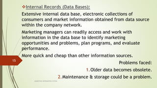 MARKETING INFORAMTION SYSTEM
15
Internal Records (Data Bases):
Extensive internal data base, electronic collections of
consumers and market information obtained from data source
within the company network.
Marketing managers can readily access and work with
information in the data base to identify marketing
opportunities and problems, plan programs, and evaluate
performance.
More quick and cheap than other information sources.
Problems faced:
1.Older data becomes obsolete.
2.Maintenance & storage could be a problem.
 