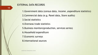 MARKETING INFORAMTION SYSTEM
18
EXTERNAL DATA RECORDS
1.Government data (census data, income ,expenditure statistics)
2.Commercial data (e.g. Panel data, Store audits)
3.Social statistics
4.Overseas trade statistics
5.Business monitors(production, services series)
6.Household expenditure
7.Economic surveys
8.International sources
 
