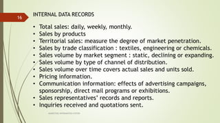 MARKETING INFORAMTION SYSTEM
16
INTERNAL DATA RECORDS
• Total sales: daily, weekly, monthly.
• Sales by products
• Territorial sales: measure the degree of market penetration.
• Sales by trade classification : textiles, engineering or chemicals.
• Sales volume by market segment : static, declining or expanding.
• Sales volume by type of channel of distribution.
• Sales volume over time covers actual sales and units sold.
• Pricing information.
• Communication information: effects of advertising campaigns,
sponsorship, direct mail programs or exhibitions.
• Sales representatives’ records and reports.
• Inquiries received and quotations sent.
 