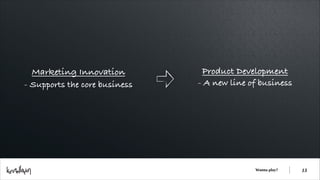 Marketing Innovation
- Supports the core business

Product Development
- A new line of business

Wanna play?

!13

 