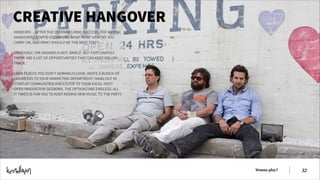 CREATIVE HANGOVER
HOWEVER… AFTER THE OVERWHELMING SUCCESS, THE MENTAL
HANGOVERS STARTS OCCURRING. WHAT NOW? HOW DO YOU
CARRY ON, AND WHAT SHOULD BE THE NEXT STEP?
!
OBVIOUSLY, THE ANSWER IS NOT SIMPLE. BUT FORTUNATELY
THERE ARE A LOT OF OPPORTUNITIES THAT CAN KEEP YOU ON
TRACK.
!
LOOK PLACES YOU DON’T NORMALLY LOOK. INVITE A BUNCH OF
ENGINEERS TO YOUR MARKETING DEPARTMENT. HANG OUT IN
STARTUP COMMUNITIES AND LISTEN TO THEIR IDEAS. HOST
OPEN INNOVATION SESSIONS. THE OPTIONS ARE ENDLESS. ALL
IT TAKES IS FOR YOU TO KEEP ADDING NEW MUSIC TO THE PARTY.

MEN HVAD NU?

Wanna play?

!32

 
