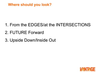 Where should you look?From the EDGES/at the INTERSECTIONSFUTURE ForwardUpside Down/Inside Out