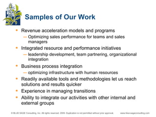 Revenue acceleration models and programs Optimizing sales performance for teams and sales managers Integrated resource and performance initiatives leadership development, team partnering, organizational integration Business process integration   optimizing infrastructure with human resources Readily available tools and methodologies let us reach solutions and results quicker Experience in managing transitions Ability to integrate our activities with other internal and external groups Samples of Our Work 