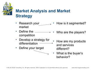 Market Analysis and Market Strategy Research your market Define the competition Develop a strategy for differentiation Define your target How is it segmented? Who are the players? How are my products and services different? What is the buyer’s behavior? 