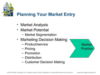 Planning Your Market Entry Market Analysis Market Potential Market Segmentation Marketing Decision Making Product/service Pricing Promotion Distribution Customer Decision Making Market  Position 