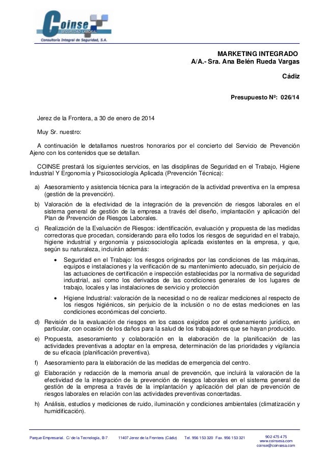 Presupuesto Plan de Prevención de Riesgos Laborales