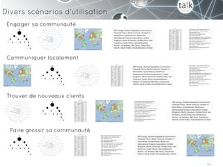 Divers scénarios d’utilisation
 Engager sa communauté




 Communiquer localement




 Trouver de nouveaux clients




  Faire grossir sa communauté




                                 …
 