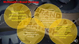 McDonald’s
primary generic
strategy is cost
leadership.
The company also
uses broad
differentiation as a
secondary or
supporting generic
strategy.
This secondary
generic strategy
involves developing
the business and its
products to make
them distinct from
competitors.
For example, through
McCafé products,
McDonald’s applies
the broad
differentiation generic
strategy.
McDonald’s Brand Strategy
 