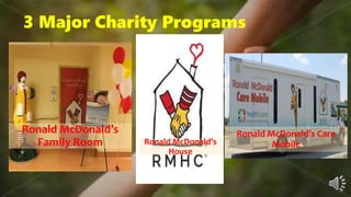3 Major Charity Programs
Ronald McDonald’s
Family Room
Ronald McDonald’s Care
MobileRonald McDonald’s
House
 