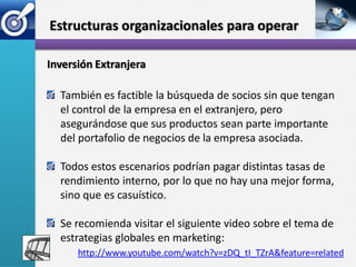 Estructuras organizacionales para operar

Inversión Extranjera

  También es factible la búsqueda de socios sin que tengan
  el control de la empresa en el extranjero, pero
  asegurándose que sus productos sean parte importante
  del portafolio de negocios de la empresa asociada.

  Todos estos escenarios podrían pagar distintas tasas de
  rendimiento interno, por lo que no hay una mejor forma,
  sino que es casuístico.

  Se recomienda visitar el siguiente video sobre el tema de
  estrategias globales en marketing:
      http://www.youtube.com/watch?v=zDQ_tI_TZrA&feature=related
 