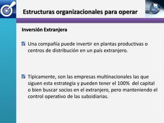 Estructuras organizacionales para operar

Inversión Extranjera

  Una compañía puede invertir en plantas productivas o
  centros de distribución en un país extranjero.



  Típicamente, son las empresas multinacionales las que
  siguen esta estrategia y pueden tener el 100% del capital
  o bien buscar socios en el extranjero, pero manteniendo el
  control operativo de las subsidiarias.
 