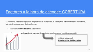 Factores a la hora de escoger: COBERTURA
La cobertura, referida a la posición del producto en el mercado, es un objetivo extremadamente importante,
que puede expresarse en distintas formas:
- Alcanzar una cifra de ventas satisfactoria.
- Alcanzar una participación de mercado determinada, que la empresa considere adecuada.
11
¿Cómo situarnos?
Ponderación de Mercados
 