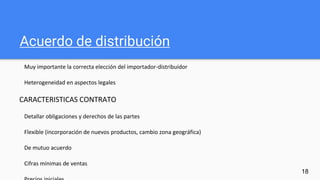 Acuerdo de distribución
Muy importante la correcta elección del importador-distribuidor
Heterogeneidad en aspectos legales
CARACTERISTICAS CONTRATO
Detallar obligaciones y derechos de las partes
Flexible (incorporación de nuevos productos, cambio zona geográfica)
De mutuo acuerdo
Cifras mínimas de ventas
18
 