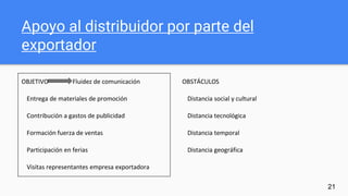 Apoyo al distribuidor por parte del
exportador
OBJETIVO Fluidez de comunicación
Entrega de materiales de promoción
Contribución a gastos de publicidad
Formación fuerza de ventas
Participación en ferias
Visitas representantes empresa exportadora
21
OBSTÁCULOS
Distancia social y cultural
Distancia tecnológica
Distancia temporal
Distancia geográfica
 