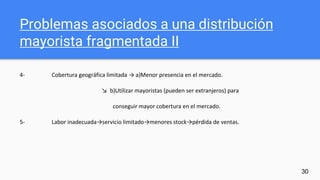 Problemas asociados a una distribución
mayorista fragmentada II
4- Cobertura geográfica limitada → a)Menor presencia en el mercado.
↘ b)Utilizar mayoristas (pueden ser extranjeros) para
conseguir mayor cobertura en el mercado.
5- Labor inadecuada→servicio limitado→menores stock→pérdida de ventas.
30
 