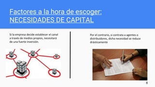 Factores a la hora de escoger:
NECESIDADES DE CAPITAL
Si la empresa decide establecer el canal
a través de medios propios, necesitará
de una fuerte inversión.
Por el contrario, si contrata a agentes o
distribuidores, dicha necesidad se reduce
drásticamente
8
 