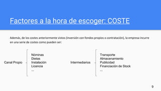Factores a la hora de escoger: COSTE
Además, de los costes anteriormente vistos (inversión con fondos propios o contratación), la empresa incurre
en una serie de costes como pueden ser:
Nóminas
Dietas
Instalación
Licencia
...
Canal Propio Intermediarios
Transporte
Almacenamiento
Publicidad
Financiación de Stock
...
9
 