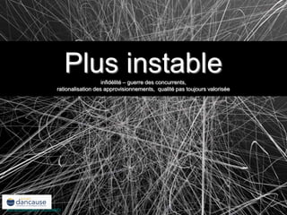 flickr.com/photos/zeno77/2236396973
Plus instableinfidélité – guerre des concurrents,
rationalisation des approvisionnements, qualité pas toujours valorisée
 