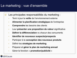 Le marketing : vue d’ensemble
 Les principales responsabilités du marketing :
• Tenir à jour la veille de l’environnement externe
• Alimenter la planification stratégique de l’entreprise
• Comprendre les besoins des clients
• Leur présenter une proposition de valeur significative
• Définir la différenciation vs chacun des concurrents
• Identifier de nouveaux suspects/prospects
• Participer à la conception des nouveaux produits
• Définir les stratégies de marketing
• Préparer et gérer le plan de marketing annuel
• Gérer la fonction « promotion/publicité »
 