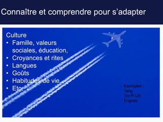 Connaître et comprendre pour s’adapter
30
Culture
• Famille, valeurs
sociales, éducation,
• Croyances et rites
• Langues
• Goûts
• Habitudes de vie
• Etc. Exemples :
Tang
Toy’R US
Engrais
 