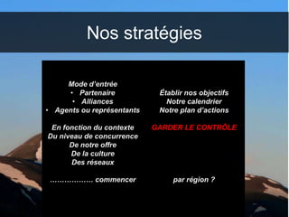 Nos stratégies
Mode d’entrée
• Partenaire
• Alliances
• Agents ou représentants
En fonction du contexte
Du niveau de concurrence
De notre offre
De la culture
Des réseaux
……………… commencer
Établir nos objectifs
Notre calendrier
Notre plan d’actions
GARDER LE CONTRÔLE
par région ?
 