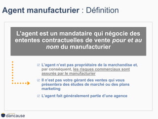 L’agent est un mandataire qui négocie des
ententes contractuelles de vente pour et au
nom du manufacturier
Agent manufacturier : Définition
 L’agent n’est pas propriétaire de la marchandise et,
par conséquent, les risques commerciaux sont
assurés par le manufacturier
 Il n’est pas votre gérant des ventes qui vous
présentera des études de marché ou des plans
marketing
 L’agent fait généralement partie d’une agence
 