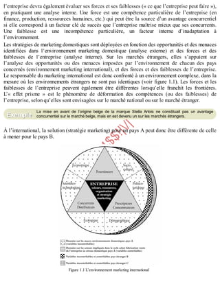 B
y
4
$
$
!
|

/
|
l’entreprise devra également évaluer ses forces et ses faiblesses (« ce que l’entreprise peut faire »),
en pratiquant une analyse interne. Une force est une compétence particulière de l’entreprise (en
finance, production, ressources humaines, etc.) qui peut être la source d’un avantage concurrentiel
si elle correspond à un facteur clé de succès que l’entreprise maîtrise mieux que ses concurrents.
Une faiblesse est une incompétence particulière, un facteur interne d’inadaptation à
l’environnement.
Les stratégies de marketing domestiques sont déployées en fonction des opportunités et des menaces
identifiées dans l’environnement marketing domestique (analyse externe) et des forces et des
faiblesses de l’entreprise (analyse interne). Sur les marchés étrangers, elles s’appuient sur
l’analyse des opportunités ou des menaces imposées par l’environnement de chacun des pays
concernés (environnement marketing international), et des forces et des faiblesses de l’entreprise.
Le responsable du marketing international est donc confronté à un environnement complexe, dans la
mesure où les environnements étrangers ne sont pas identiques (voir figure 1.1). Les forces et les
faiblesses de l’entreprise peuvent également être différentes lorsqu’elle franchit les frontières.
L’« effet prisme » est le phénomène de déformation des compétences (ou des faiblesses) de
l’entreprise, selon qu’elles sont envisagées sur le marché national ou sur le marché étranger.
La mise en avant de l’origine belge de la marque Stella Artois ne constituait pas un avantage
concurrentiel sur le marché belge, mais en est devenu un sur les marchés étrangers.
À l’international, la solution (stratégie marketing) pour un pays A peut donc être différente de celle
à mener pour le pays B.
Figure 1.1 L’environnement marketing international
Exemple
 